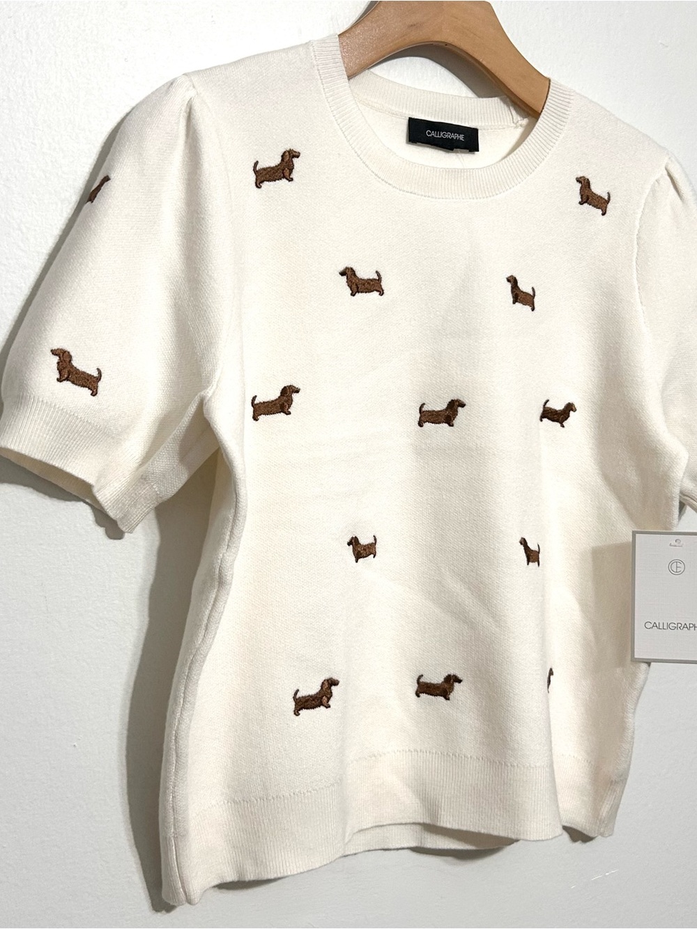 Anthropologie Cream Beige Dog Dachshund Sweater Puff Sleeve preppy old money NWT - Picture 2 of 12